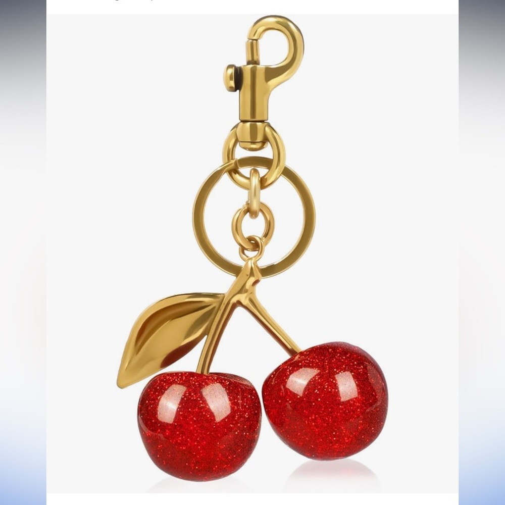 Cherry Gold Keychain Bag Charm – Sparkle Red – Resin & Brass Alloy – 4.72" - Picture 7 of 7
